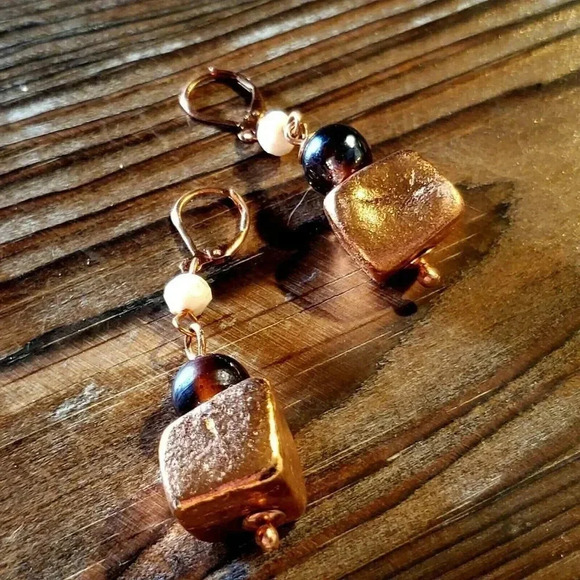 Striking Handcrafted Nepal Copper Dipped Baroque Brass Beads Earrings - Picture 3 of 7